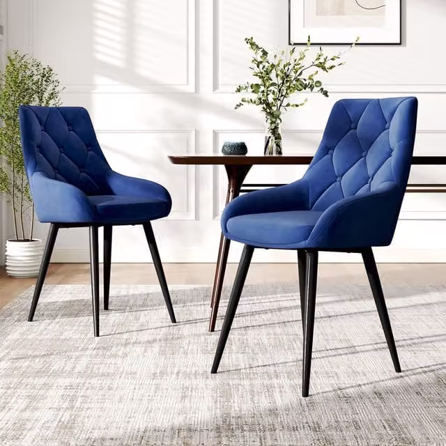 Komore Set of 2 Modern Blue Velvet Dining Chairs with Geometric Metal Legs