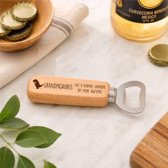 60 Second Makeover Grandpa Dinosaur Wooden Bottle Opener in Beige
