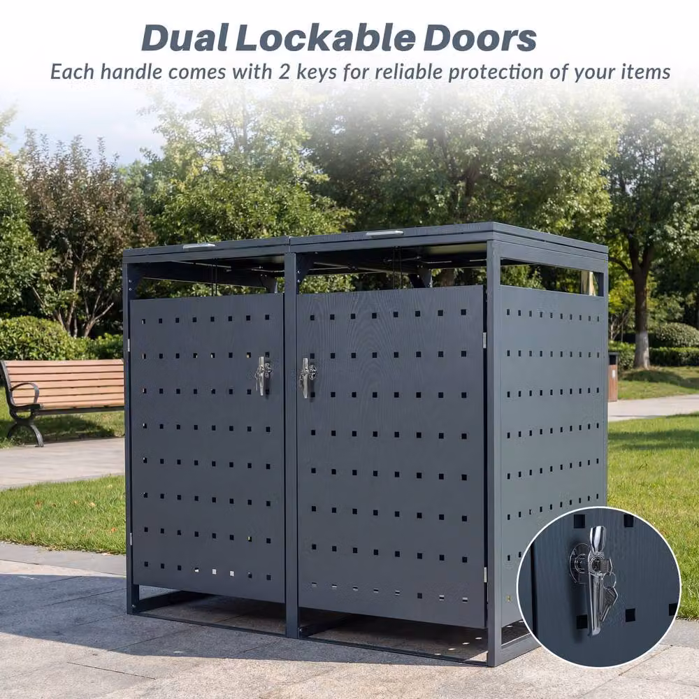 Costway Outdoor Metal Garbage Bin Storage Shed for 2 Trash Cans in Grey – 6