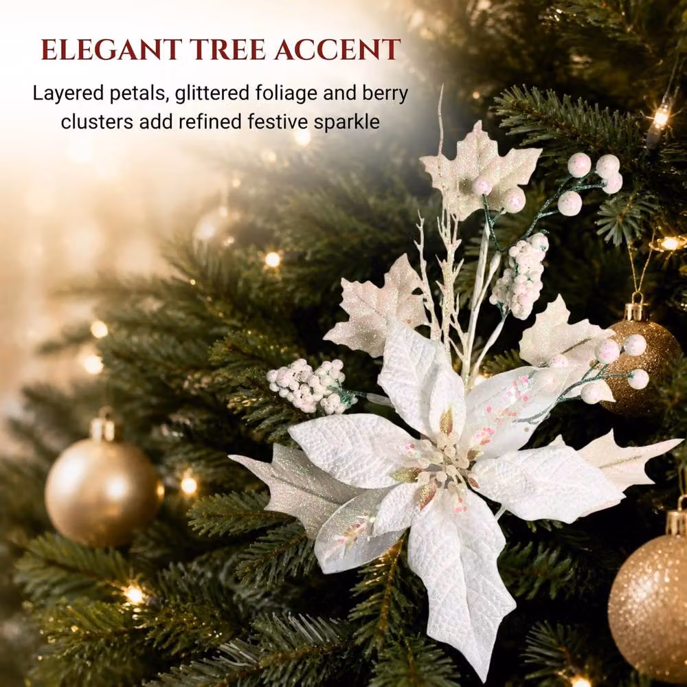 Shatchi 12 Pack Iridescent White Glitter Poinsettia and Berry Christmas Picks, Height: 46 cm – 6