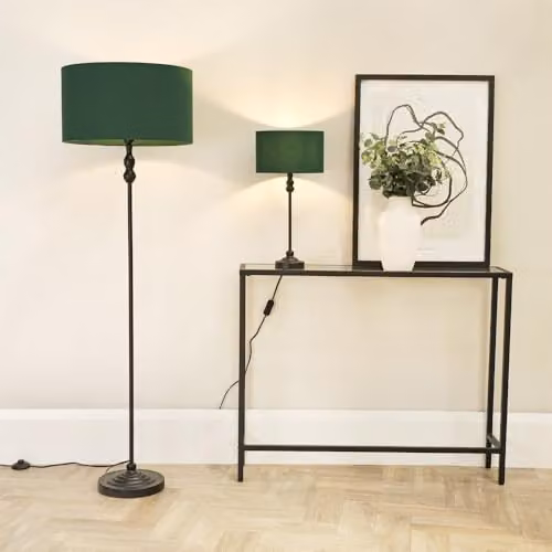 ValueLights Maggie Black Metal Candlestick Floor Lamp with Green Fabric Drum Shade – 2