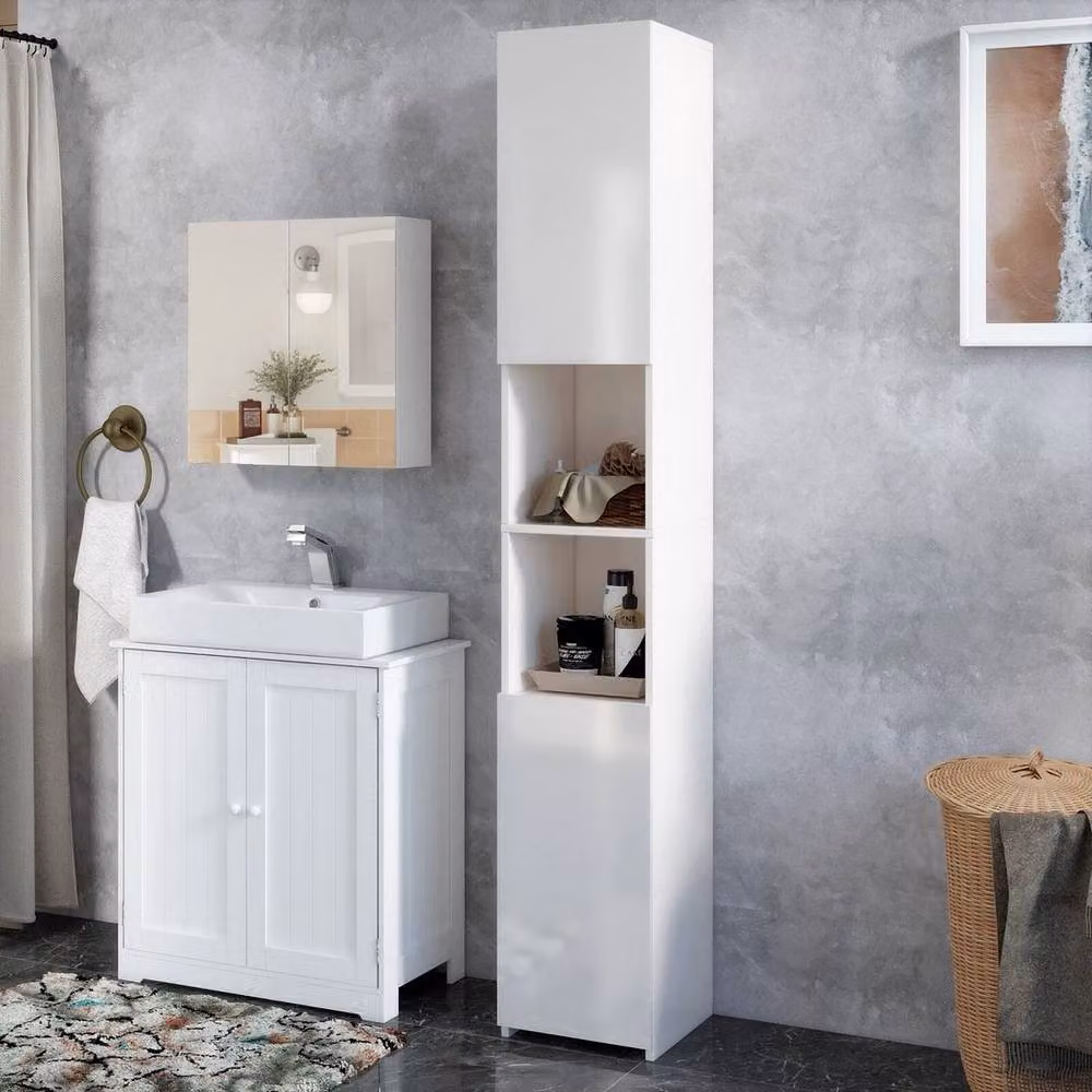 KORVIXA Mondeer Tall Bathroom Cabinet in White with Soft-Close Hinged Doors and Open Shelf, W: 70 cm, H: 75 cm – 2