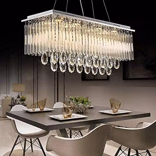 Modern WDW K9 Crystal LED Rectangular Pendant Ceiling Light Chandelier with Remote Control, Transparent and White, W: 120 cm, D: 30 cm, H: 28 cm – 2