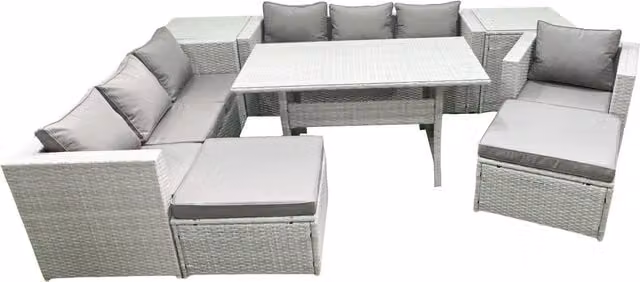 Fimous 9 Piece Grey Rattan Outdoor Sofa Set with Cushions, Dining Table, Armchair, Side Tables and Footstools