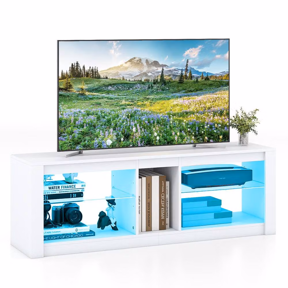 Costway Modern White Wooden TV Stand Cabinet with Media Compartments and Integrated Lighting for TVs up to 65 Inch – 2