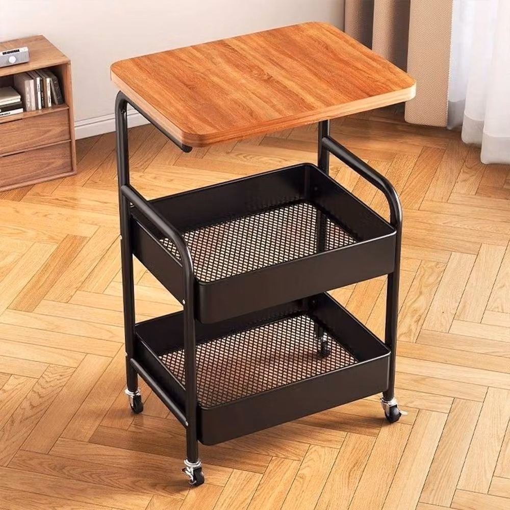 Ventryn Modern Mobile Storage Cart with Wooden Desktop and Sturdy Metal Frame in Black and Brown – 2
