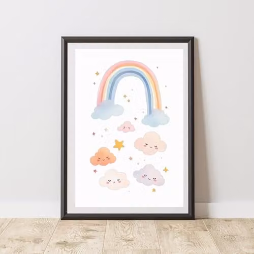 60 Second Makeover Rainbow and Clouds Print Wall Art Poster, Multicolour, A3