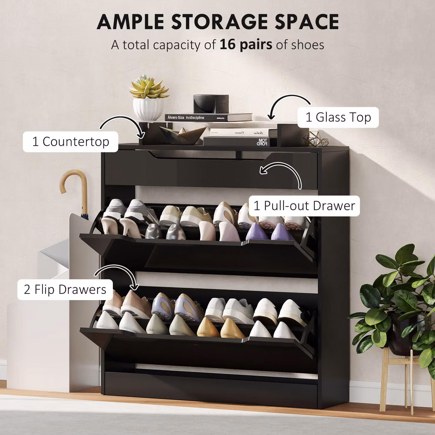HOMCOM Modern Black Shoe Storage Cabinet with Tempered Glass Top, Tilting Compartments and Internal Shelves – 4