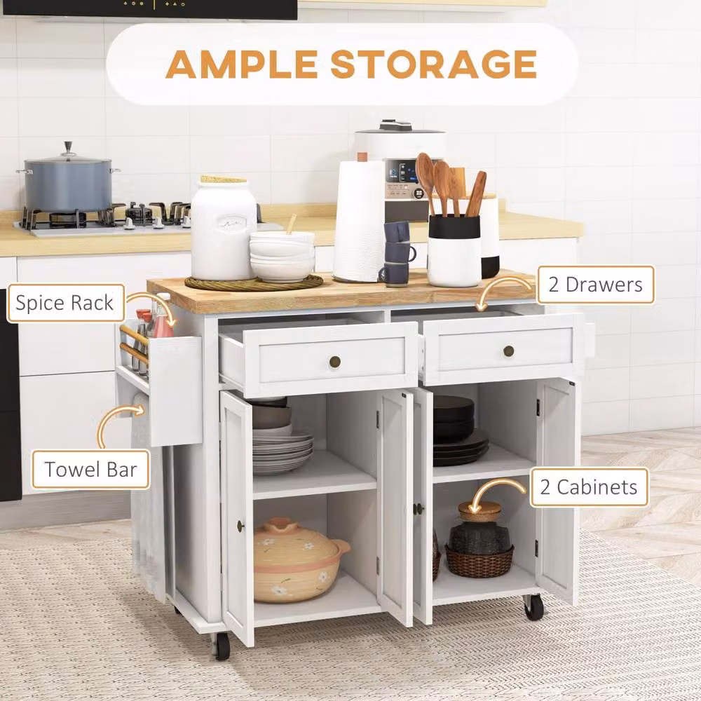 Wyld Haus Viratto White Lacquered Wooden Rolling Kitchen Island with Rubberwood Top, W/D/H: 111.0 x 44.5 x 82.5 cm – 3