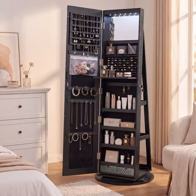 SONGMICS LED 360 Swivel Mirror Jewellery Cabinet in Black, W: 55 cm, D: 55 cm, H: 162 cm