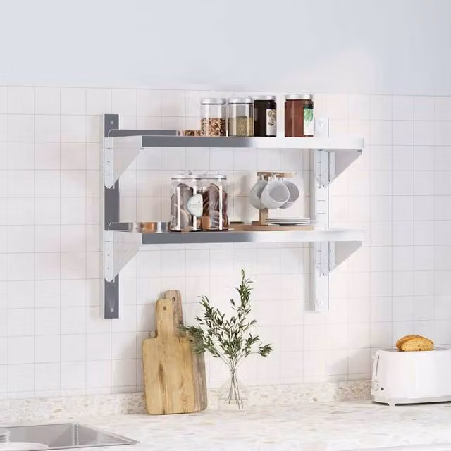 Berkfield Home 2-Tier Wall Mounted Metal Shelf in Silver, W/D/H: 75 x 23.5 x 60 cm