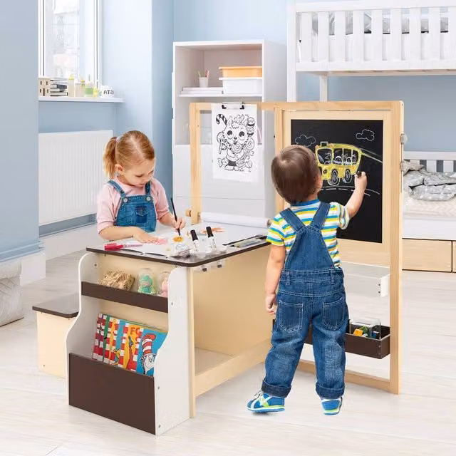 Costway Kids Wooden Art Easel, Table and Bench Set with Blackboard in Brown