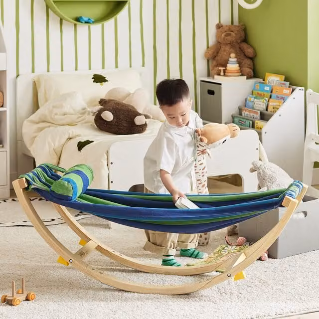 SoBuy Childrens Rocking Hammock with Stand and Cushions in Green Striped Fabric