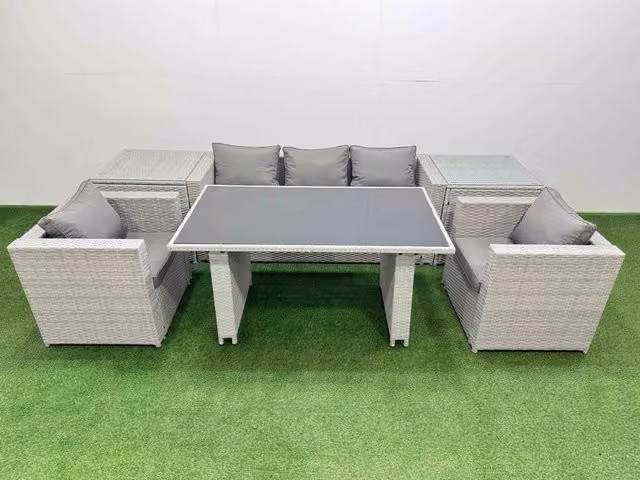 Fimous Modern Patio Garden Furniture Set with Dining Table and 2 Side Tables in Light Grey Rattan and Metal with Glass Top