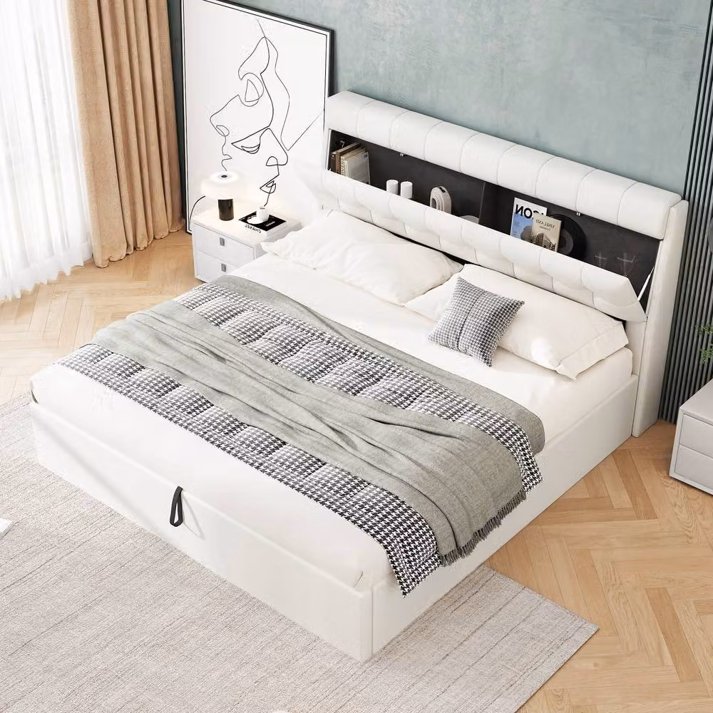 ModernLuxe Upholstered King Bed with Hydraulic Storage and Headboard in White, W/D/H: 150 x 200 x 50 cm – 5