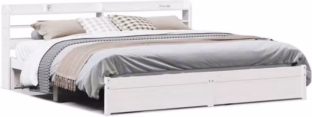 Berkfield Home Rustic White Solid Pine Bed Frame with Headboard and Side Compartments W/D/H: 200 x 200 cm
