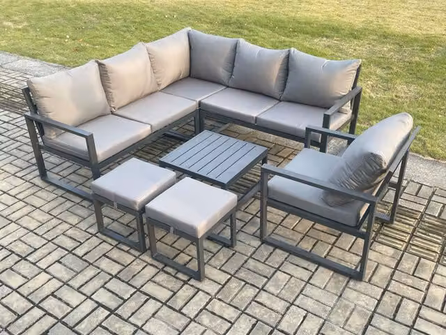 Fimous Outdoor Garden Furniture Set in Dark Grey, featuring a Powder Coated Aluminium L-Shape Lounge Sofa, Square Coffee Table, Chair and 2 Small Footstools