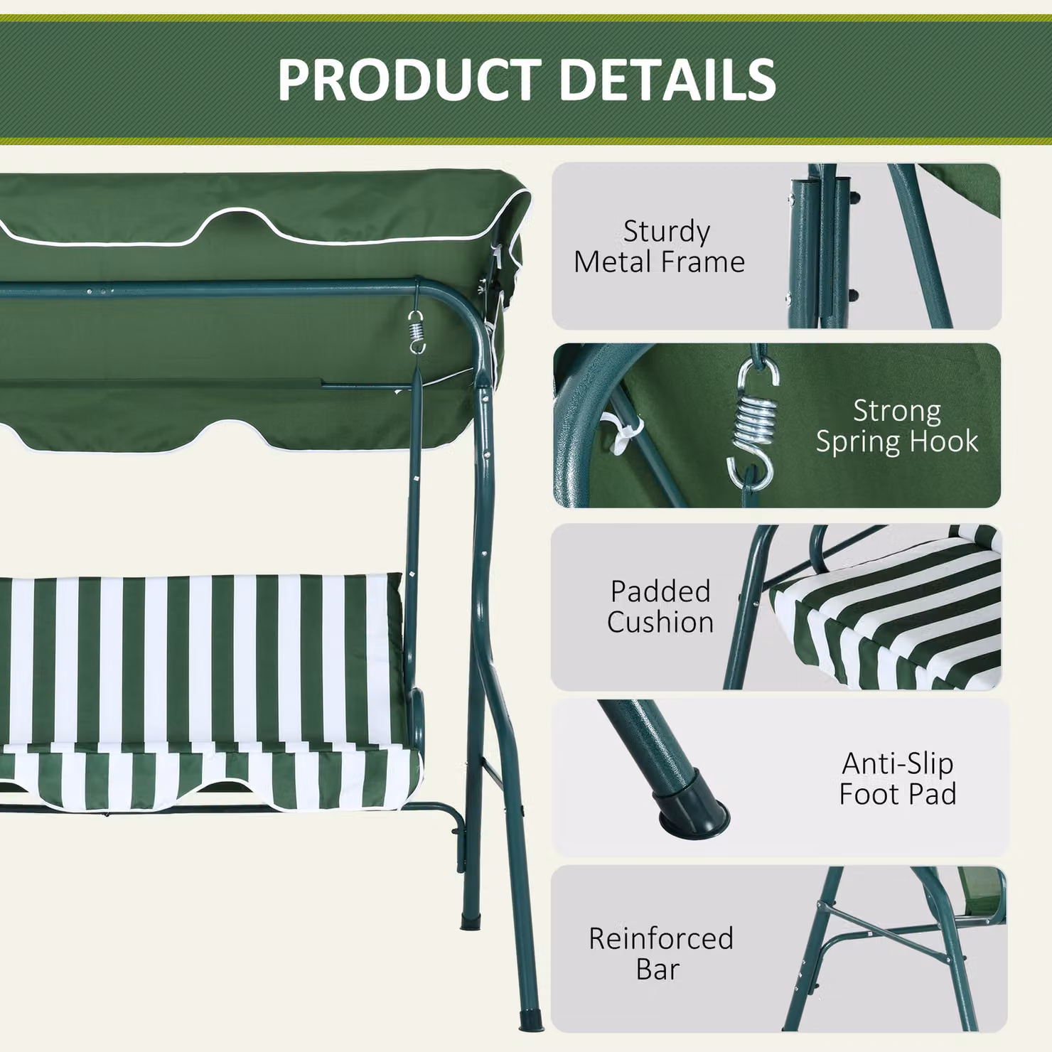 Outsunny 3 Seater Waterproof Garden Swing Seat with Adjustable Canopy and Metal Frame, Green Stripes – 5