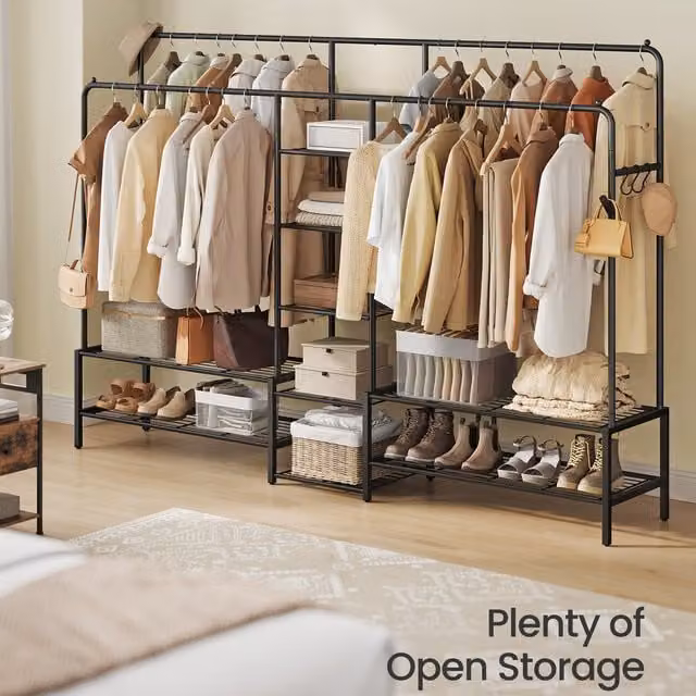SONGMICS Black Metal Clothes Rack with 9 Shelves and Open Wardrobe Design