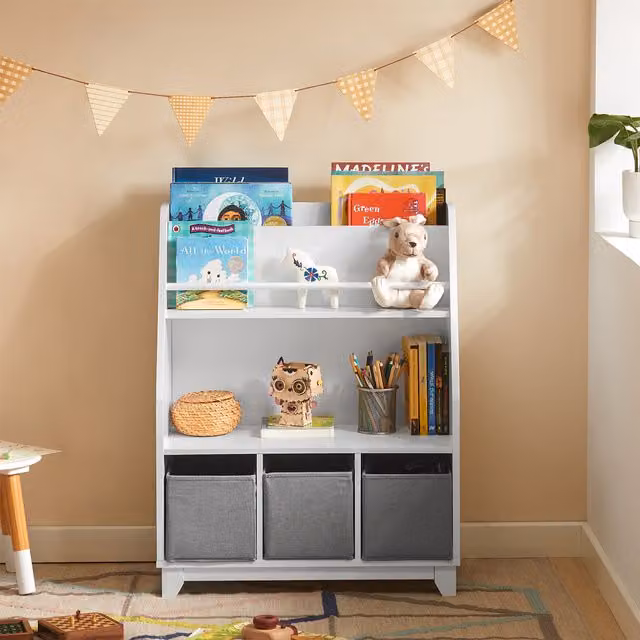 SoBuy Kids Bookcase Organizer with 3 Fabric Drawers in Grey and White