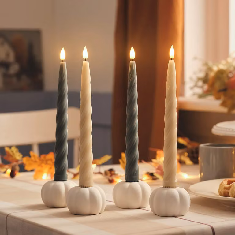 TruGlow Set of 4 Cream and Dark Green Twisted LED Taper Candles with White Ceramic Pumpkin Taper Candle Holders
