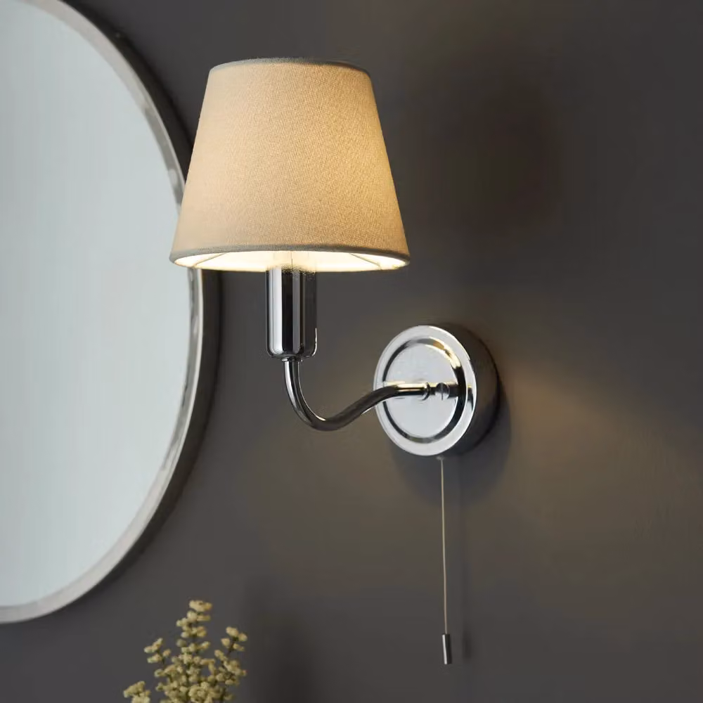 Loops Modern Bathroom Wall Light Fitting with Beige Fabric Shade and Chrome Finish – 2