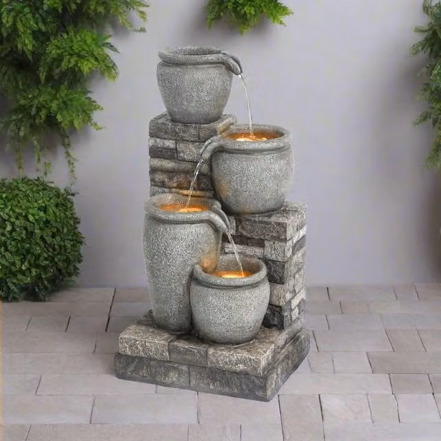 Teamson Home 4-Tier Cascading Solar Tabletop Fountain in Grey Stone Effect