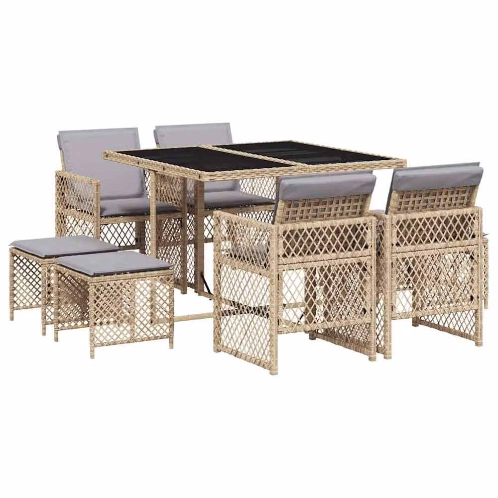 Berkfield Home 9 Piece Beige Poly Rattan Garden Dining Set with Cushions and Glass Table – 2