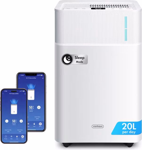 VonHaus Smart WiFi Dehumidifier with 20L Capacity and 4.5L Water Tank, White