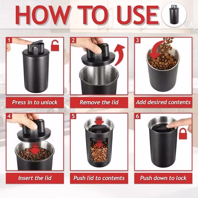 SPARES2GO Airtight Vacuum Seal Coffee Canister in Matt Black Stainless Steel