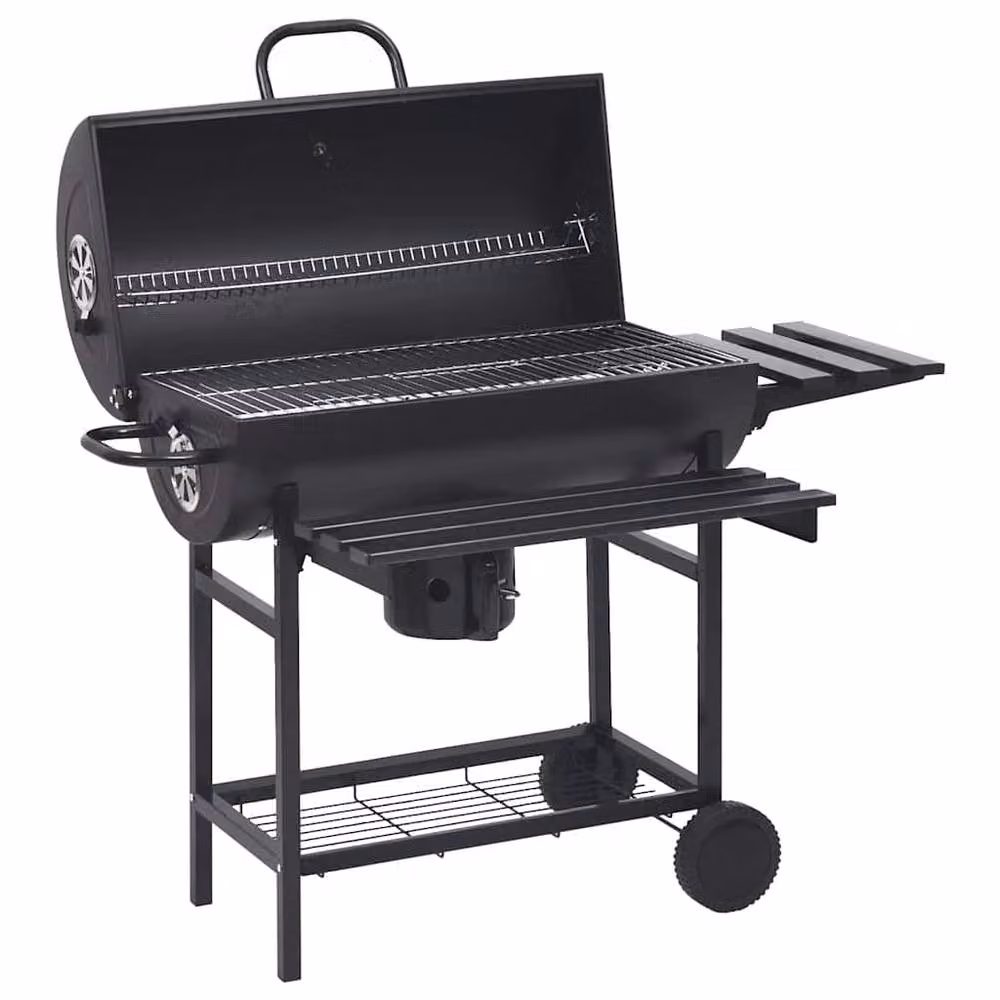 Berkfield Home Durable Black Steel Charcoal Barrel Grill with Wheels and Shelves W/D/H: 115 x 85 x 95 cm – 2