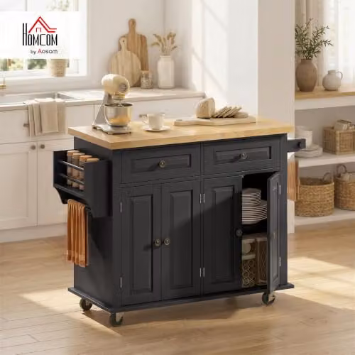 HOMCOM Black Kitchen Island on Wheels with Rubberwood Top and Spice Rack, W/D/H: 82.5 x 44.5 x 111 cm – 2
