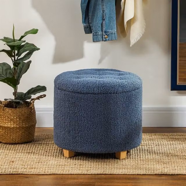 HOMCOM Blue Teddy Fleece Storage Ottoman Footstool