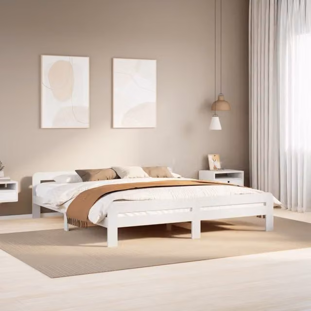 Berkfield Home White Solid Pine Wood Bed Frame W/D/H: 200 x 200 cm