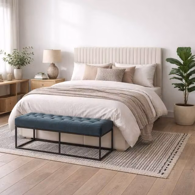 Wyld Haus Dublin Cream Upholstered Ottoman Double Bed with Tall Ribbed Headboard, W/D/H: 140 x 200 x 154 cm