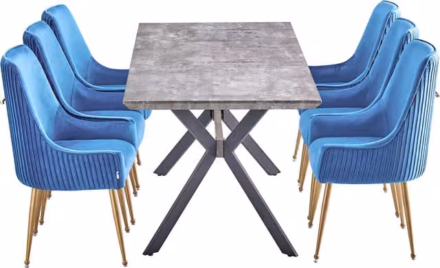 Life Interiors Soho Blaze LUX Dining Set with Ceramic Table and 6 Blue Velvet Upholstered Chairs