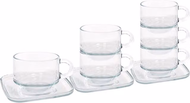 LAV Cozy Stacking Glass Coffee Cups and Saucer Set, 12 Pieces, Clear, 270ml