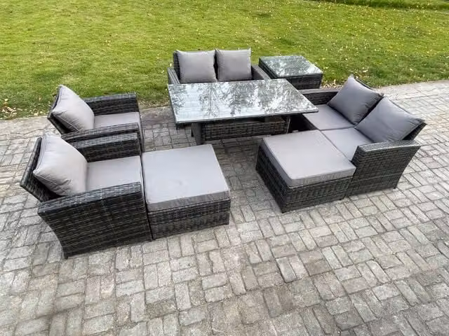 Fimous 8 Piece Rattan Garden Furniture Set with 2 Footstools and Side Table in Dark Grey Mixed