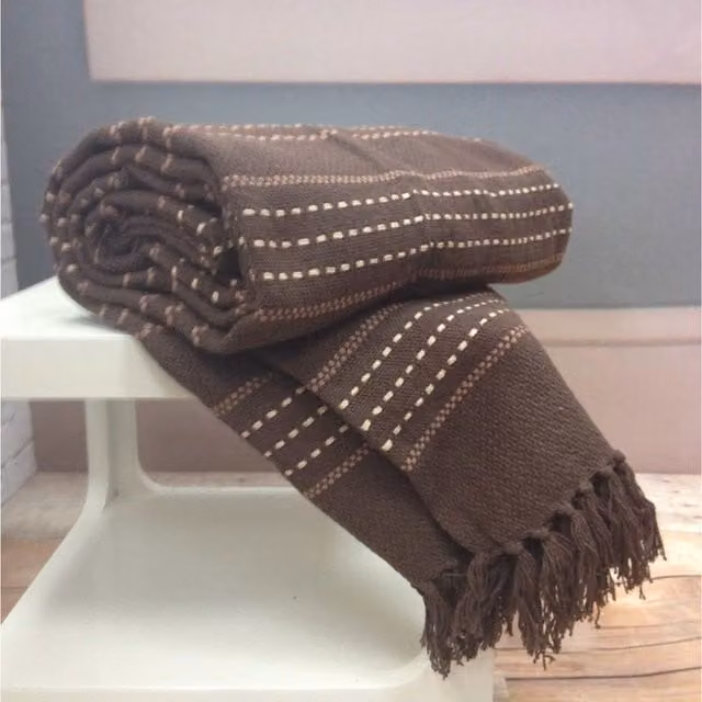 Rapport Home Stitch Stripe Woven Cotton Throw with Fringes, Brown, W/D: 254 x 254 cm
