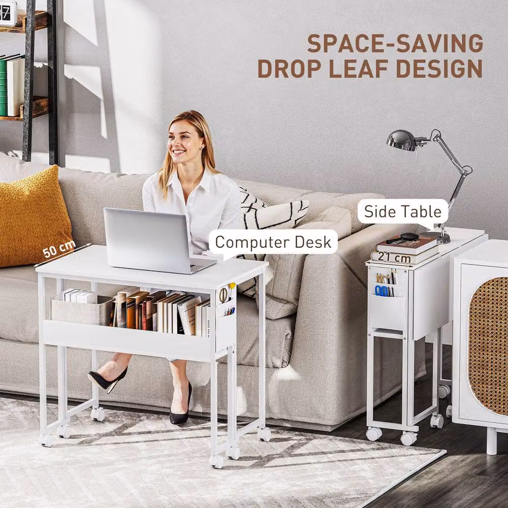 STILVORA White Drop Leaf Writing Desk with Shelves and Castors – 4