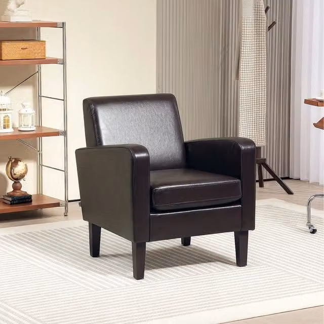 HOMCOM Brown Synthetic Leather Curved Tub Armchair with Thick Cushion and Wood Legs