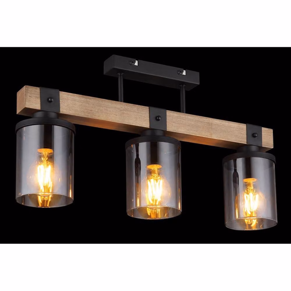 Globo Lighting Rustic 3-Bulb Ceiling Light in Black and Wood with E27 Glass Shades – 3