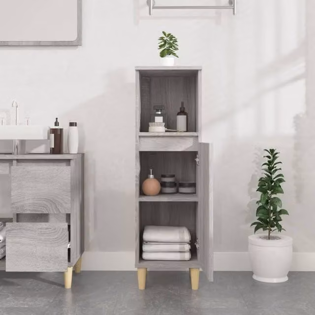 Berkfield Home Grey Sonoma Modern Freestanding Bathroom Cabinet with Hinged Doors and Internal Shelves, W/D/H: 30 x 30 x 100 cm