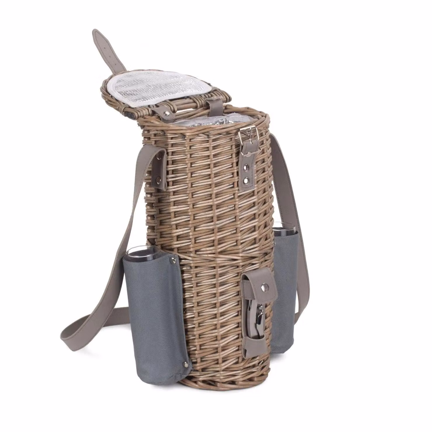 Red Hamper Wicker Single Bottle and 2 Champagne Glass Carrier with Shoulder Strap in Grey and Red – 2