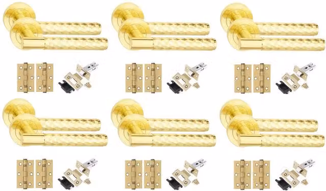 Golden Grace Knurled T-Bar Door Handle Set with Diamond Cut, Ball Bearing Hinges and Latch, Brass, 6 Pack