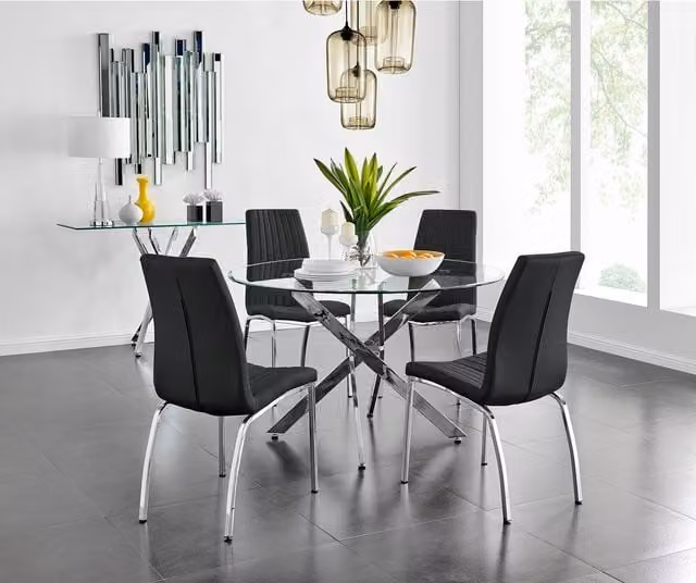 FurnitureboxUK Novara Chrome Metal and Glass Round Dining Table and 4 Isco Chairs Set in Black, Diameter: 120 cm