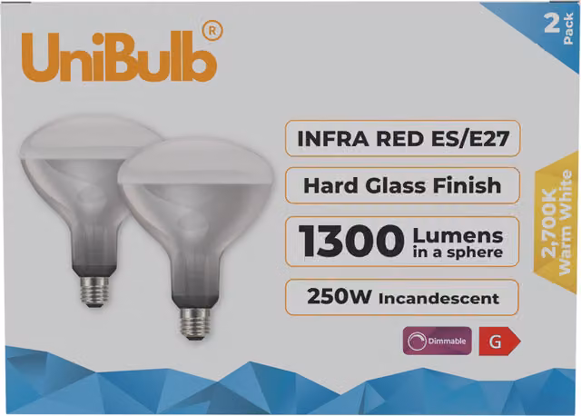 UniBulb Infra Red Heater Lamp E27, 250W, 1300lm, 2700K Warm White