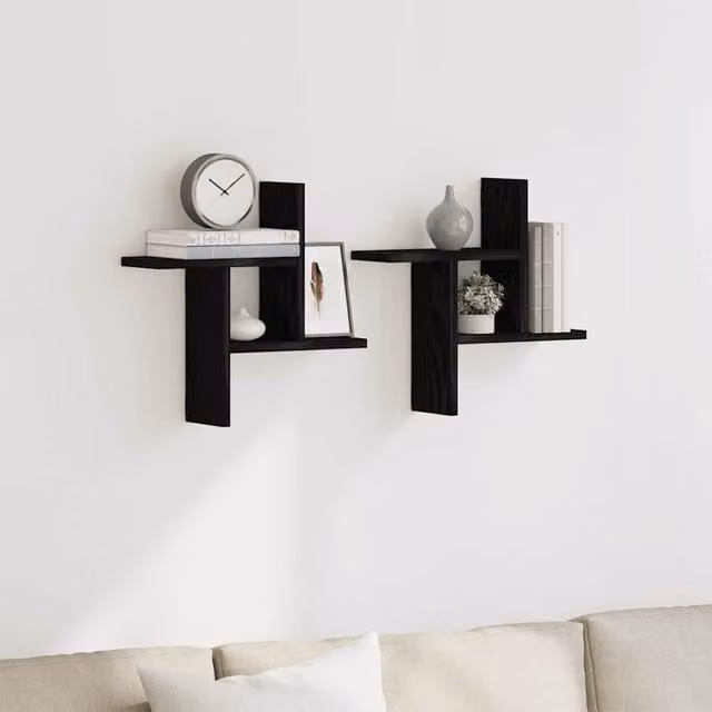 Berkfield Home Black Oak Wall Shelves, 2 Piece Set, W/D/H: 38 x 12 x 38 cm