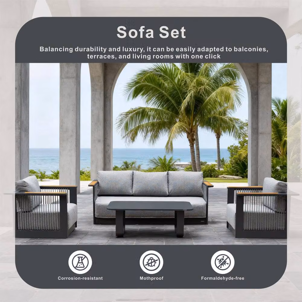 MIMO Garden Full Aluminium Rope Weave Sofa Set with Coffee Table in Grey – 6