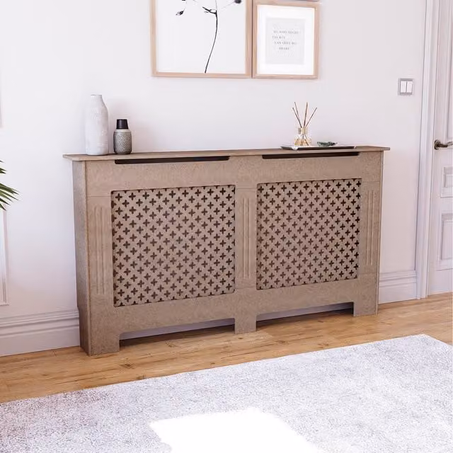 Vida Designs Modern Geometric Radiator Cover in Brown, Untreated Wood, W/D/H: 152 x 19 x 82 cm